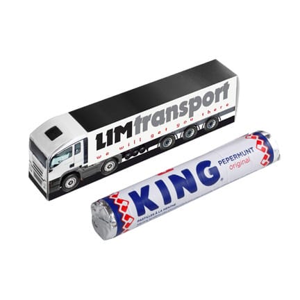Bedrukte mini truck met rol King pepermunt als relatiegeschenk voor vervoersbedrijf