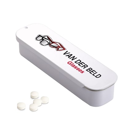 Lang slidy blikje pepermunt met bedrijfslogo als give-away