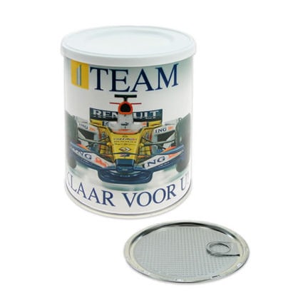 Conservenblik met full colour wikkel, leverbaar als spaarpot of collecteblik