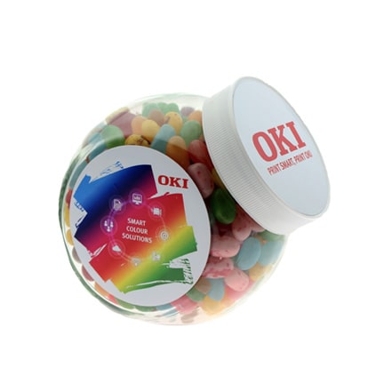 Full colour bedrukte snoeppot van glas als relatiegeschenk