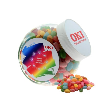 Schuine glazen snoeppot gevuld met zalige Jelly Beans als bedankje