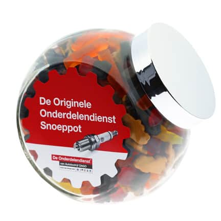 Schuinstaande grote snoeppot met zilveren deksel voor de Onderdelendienst