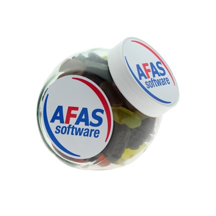 Met winegums hervulbare glazen snoeppot voor Afas Software