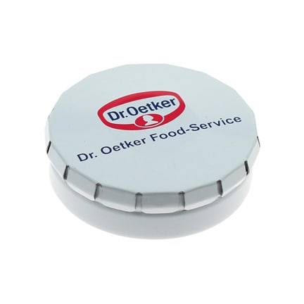 Bedrukt clic-clac pepermuntblikje voor Dr. Oetker