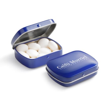 Bedrukt scharnierblikje met frisse Mentos mints als give-away