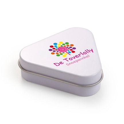Driehoek pepermuntblikje met bedrijfslogo als give-away
