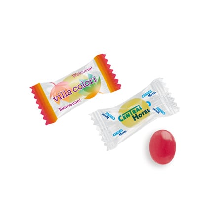 Bedrukte flowpack met zuurtje als beursgeschenkje