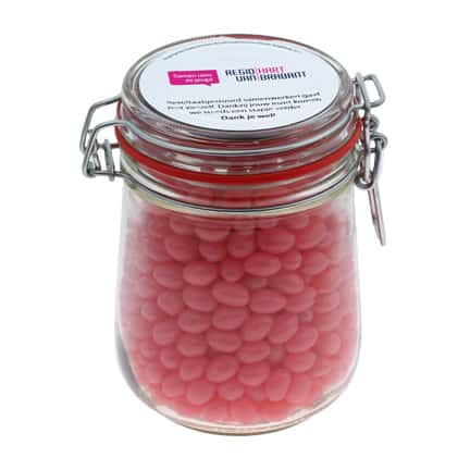 Bedrukte glazen snoeppot met spansluiting gevuld met Jelly beans 700cc