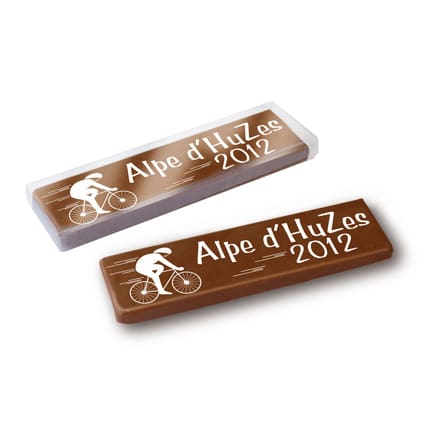 Gepersonaliseerde chocoladereep met bedrijfslogo voor Alpe d'HuZes