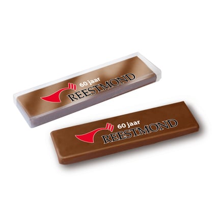 Chocoladereep bedrukt met bedrijfslogo als weggevertje