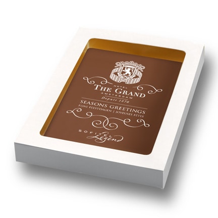Bedrukte chocoladeplak met logo en bedrijfsontwerp als relatiegeschenk