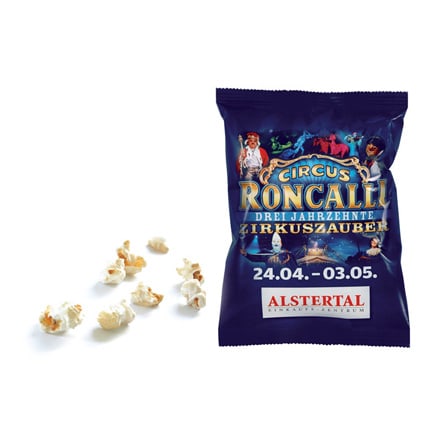 Bedrukt zakje popcorn als zoet weggevertje