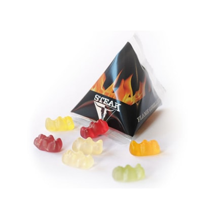 Naar wens bedrukte tetrazakjes fruitgums als weggevertje tijdens een beurs