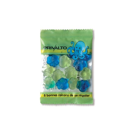 Bedrukt zakje met fruitgums in eigen vorm als give-away