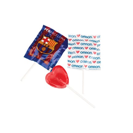 Hartvormige platte lolly in gepersonaliseerde folie als beursweggevertje