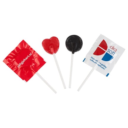 Platte lolly in bedrukte folie als give-away tijdens een beurs of evenement