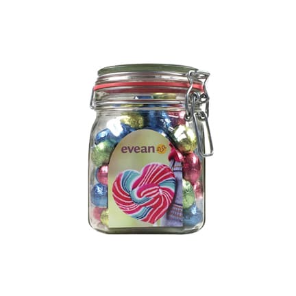 Bedrukte snoeppot met bedrijfsgegevens als relatiegeschenk