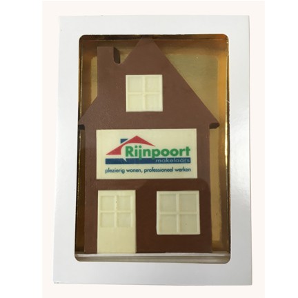 Chocoladeplak vorm huisje voor makelaars als relatiegeschenk