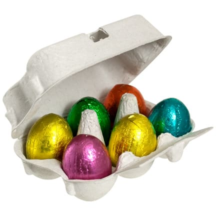 Chocolade paaseitjes in doosje met bedrukte wikkel voor de Pasen als give-away