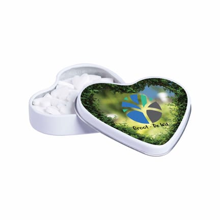 Wit hartenblikje met logo vulling hartjespepermunt voor Valentijn