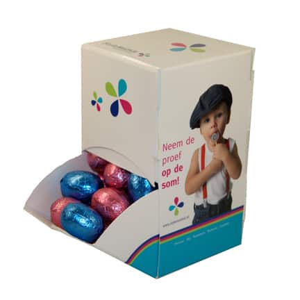 Gepersonaliseerd snoepdoosje met paaseitjes voor de Pasen om uw klanten te bedanken