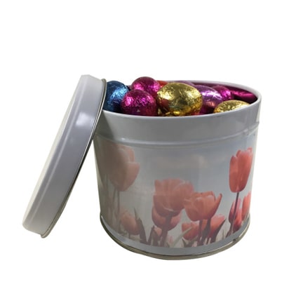 Bedrukt blik met paaseitjes als paasgeschenk voor Pasen