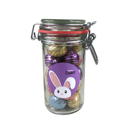Bedrukt snoeppotje met paaseitjes als Paasgeschenk voor klanten