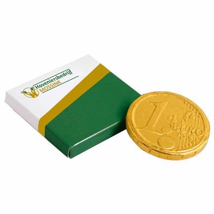Gepersonaliseerd doosje met chocolade euromunt als beursweggevertje