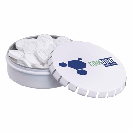 Rond pepermuntblik met logo mints bedrukt met bedrijfslogo