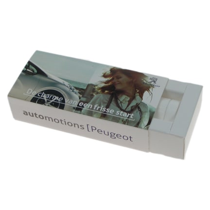 Gepersonaliseerd schuifdoosje pepermunt als fris bedankje voor Peugeot klanten