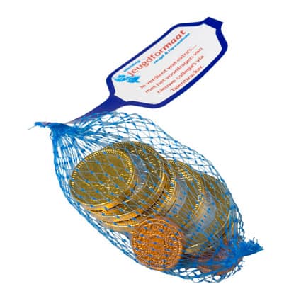 Bedrukt zakje chocolademunten als give-away voor Sinterklaas