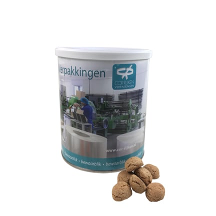 Pepernootblik met eigen label als relatiegeschenk voor Sinterklaas
