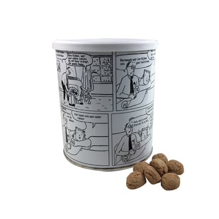 Blik met full colour label met eigen ontwerp als relatiegeschenk