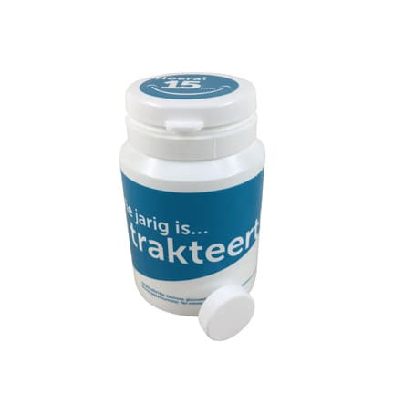Snoeppotje met logo als zoet weggevertje aan klanten