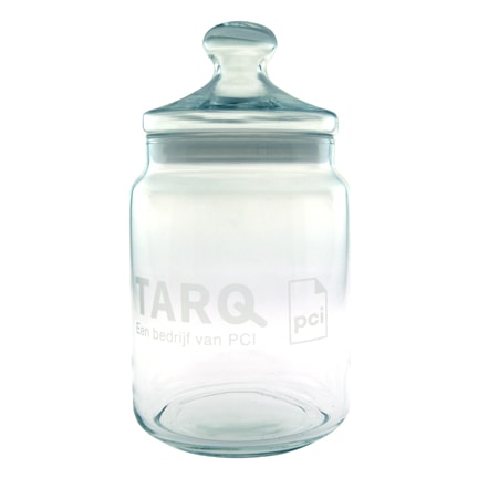 Luxe glazen Snoeppot met logo gegraveerd als relatiegeschenk