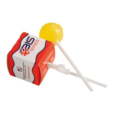 Lolly met logo op een bedrukt doosje als give-away