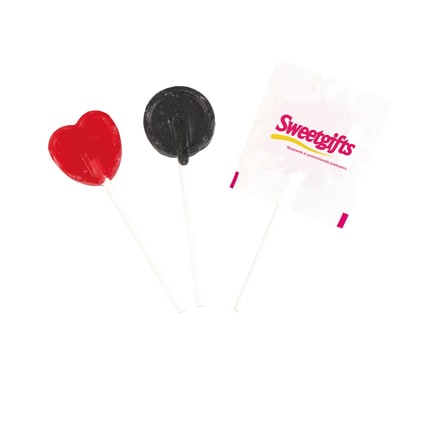 Lollie met logo op bedrukte folie als smaakvol beursweggevertje