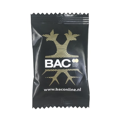 Flowpack droprol met logo als weggevertje