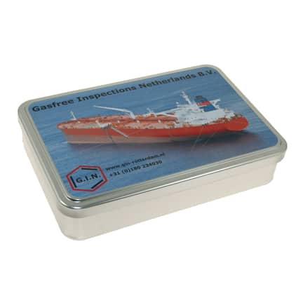 Chocoladeblik met logo als relatiegeschenk