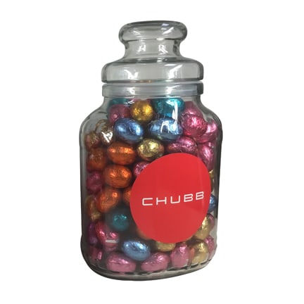 Ovale Snoeppot met logo als relatiegeschenk