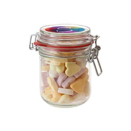 Snoeppot vruchtenhartjes met logo als smaakvol weggevertje
