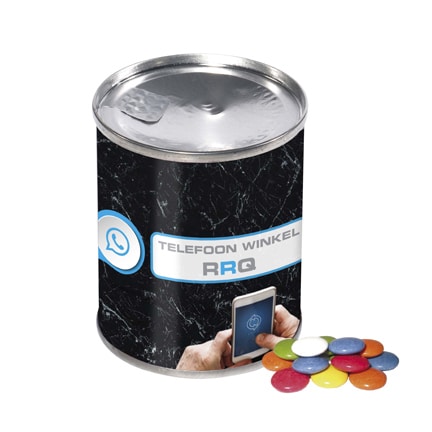 Logoblikje met chocolade dragees als give-away