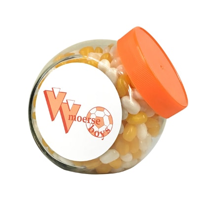 Glazen snoeppot met logo en gekleurde deksel