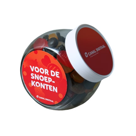 Gevulde Snoeppot met logo als promotiemiddel