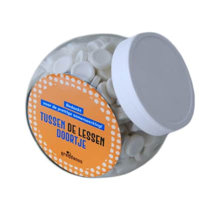 Logo snoeppot met biologische pepermunt als frisse give-away