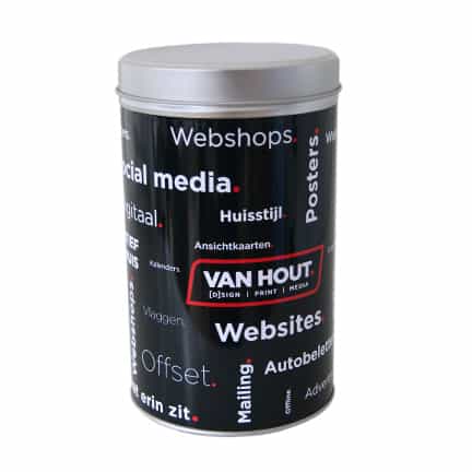 Snoepblik met eigen logowikkel als give-away