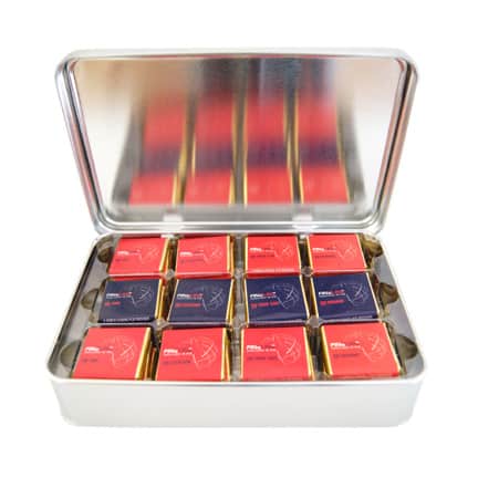 Logochocolaatjes in blik met logo als relatiegeschenk