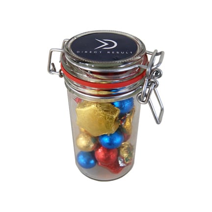 Weckpot met logo gevuld met chocolade Kerstmix