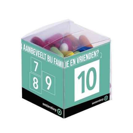 Transparante snoepkubus met eigen logowikkel