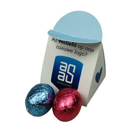 Bedrukt Paasdoosje met 2 chocolade paaseitjes als bedankje